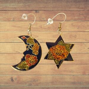 Vintage Cloisonné Enamel Earrings, Moon & Star, Gold Tone